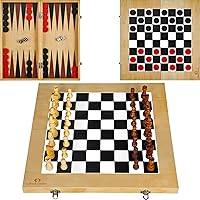 16'' Wooden Chess Checkers Backgammon Set - 3 in 1 Board Games - Portable Travel Case Folding Board - Beginner Chess Set for Kids and Adults - 30 Checkers Pieces
