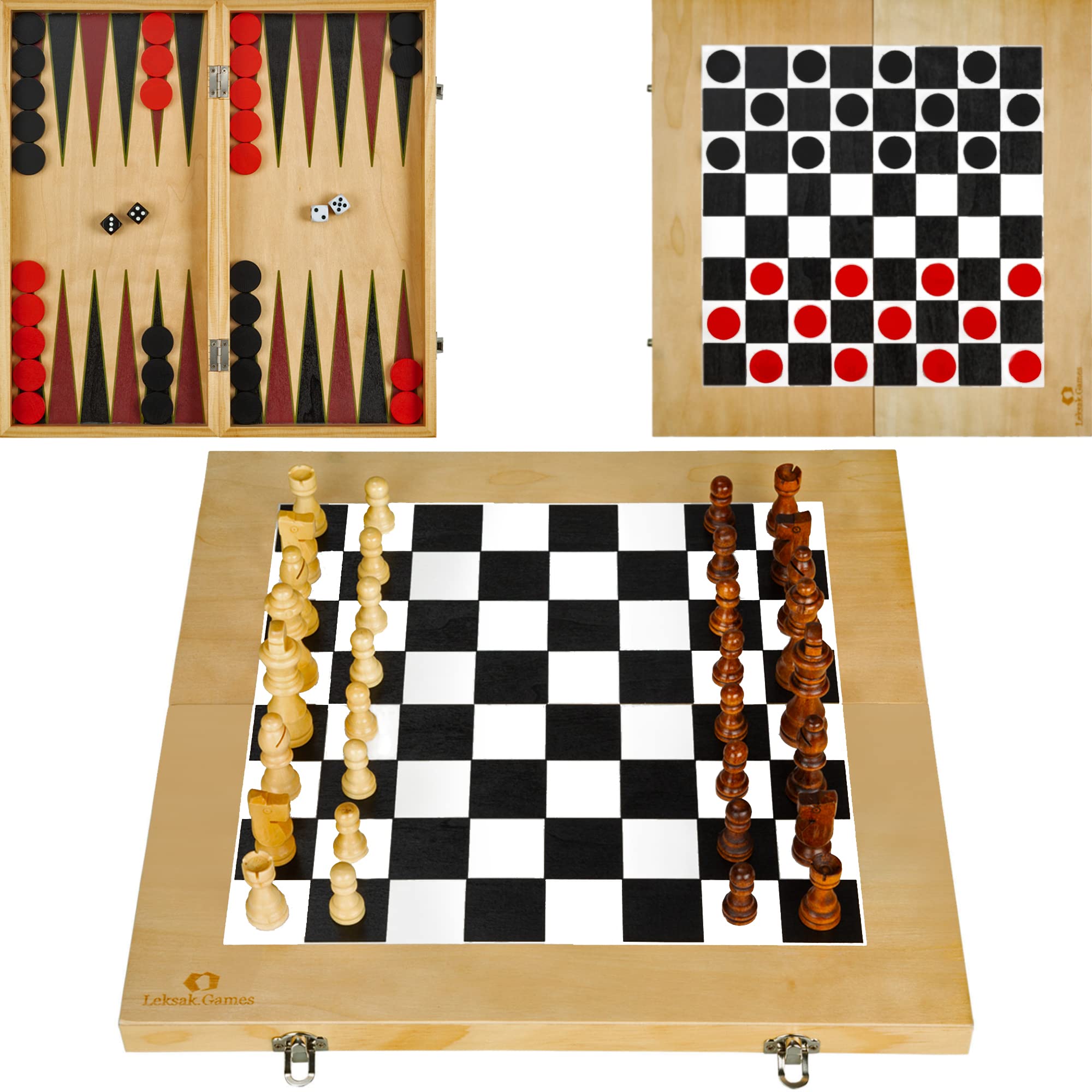 Leksak Games 16'' Wooden Chess Checkers Backgammon Set - 3 in 1 Board Games - Portable Travel Case Folding Board - Beginner Chess Set for Kids and Adults - 30 Checkers Pieces