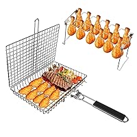 Grill Accessories, Grill Basket and Grill Rack, Portable Folding Stainless Steel Fish Grilling Basket with Removable Handle for Vegetables Steak, Grill Rack for Smoker Grill or Oven
