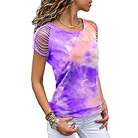 Andongnywell Women's Tie Dye Gradient Shirt Crewneck Off Shoulder Short Sleeve T-Shirt Loose Pullover Casual Color Top