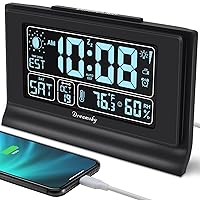 DreamSky Auto Set Alarm Clock with Indoor Temperature Humidity, Moon Phase, Bedroom Digital Clock with Date and Day of Week, Battery Backup, Dimmer, Auto DST, USB Port
