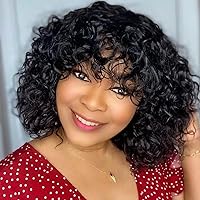 human wigs short water wave wig with bangs 100% brazilian virgin human hair no lace front wigs wet and wavy human wig glueless wig for black women 12 inch natural black
