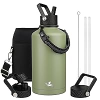 Insulated Water Bottle with Straw,87oz 3 Lids Water Jug with Carrying Bag,Paracord Handle,Double Wall Vacuum Stainless Steel Metal Flask,Camp Green