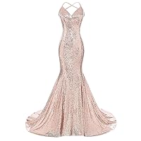 DYS Women's Sequins Mermaid Prom Dress Spaghetti Straps V Neck Backless Gowns Pink US 6