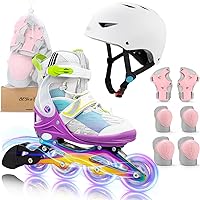 5 Size Adjustable Inline Skates for Beginner, Light up Roller Shoes with Kids Sports Protective Equipment Combination - M J12-3