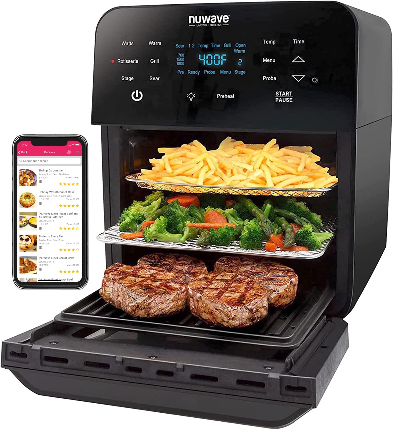 Nuwave Brio 15.5Qt Air Fryer Rotisserie Oven, X-Large Family Size, Powerful 1800W, 4 Rack Positions, 50°-425°F Temp Controls, 100 Presets & 50 Memory, Integrated Smart Thermometer, Linear T Technology