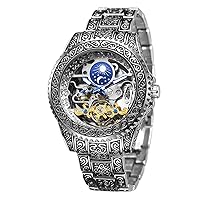 Retro Carved Skeleton Steampunk Automatic Watch Golden Silver Men's Watch with Metal Strap AM/PM Sun Moon Gifts for Men