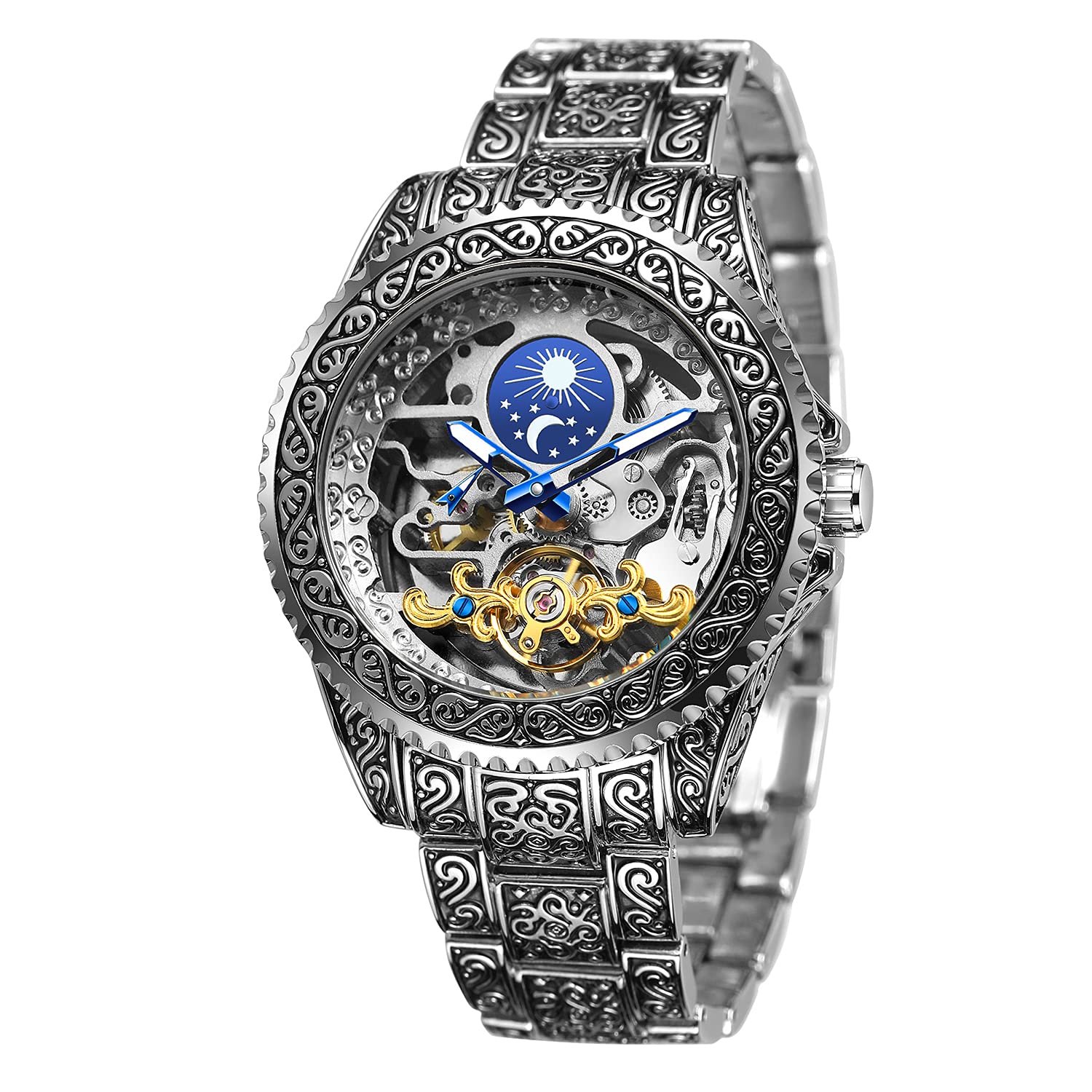 Retro Geschnitzt Skelett Steampunk Automatik Armbanduhr Goldene Silber Herren Uhr mit Metallarmband AM/PM Sonne Mond Geschenke für Manner