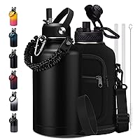 64 oz Insulated Water Bottle with Straw & Auto Spout Lids, Paracord Handle, Half Gallon Waterbottle Strap Carrier & Protective Boot, Wide Mouth Metal Canteen Thermo Mug, Leak-proof Sports Hydro Jug