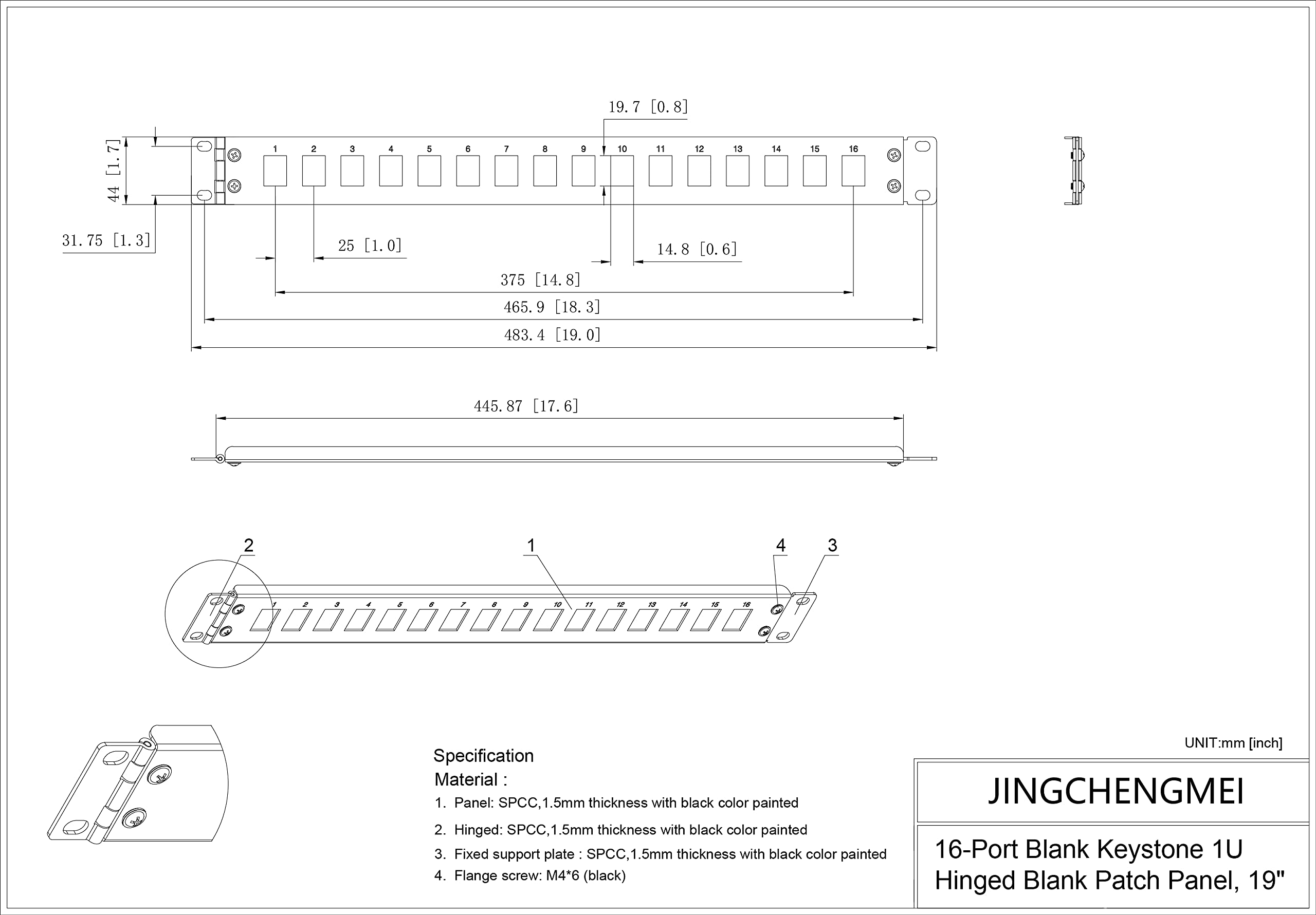 Jingchengmei 16-Port 1U Hinged Rack Blank Patch Panel for Keystone Jack Cat.6 or Cat.5E, 19