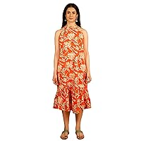 Women's Bagru Cotton Orange Midi Dress