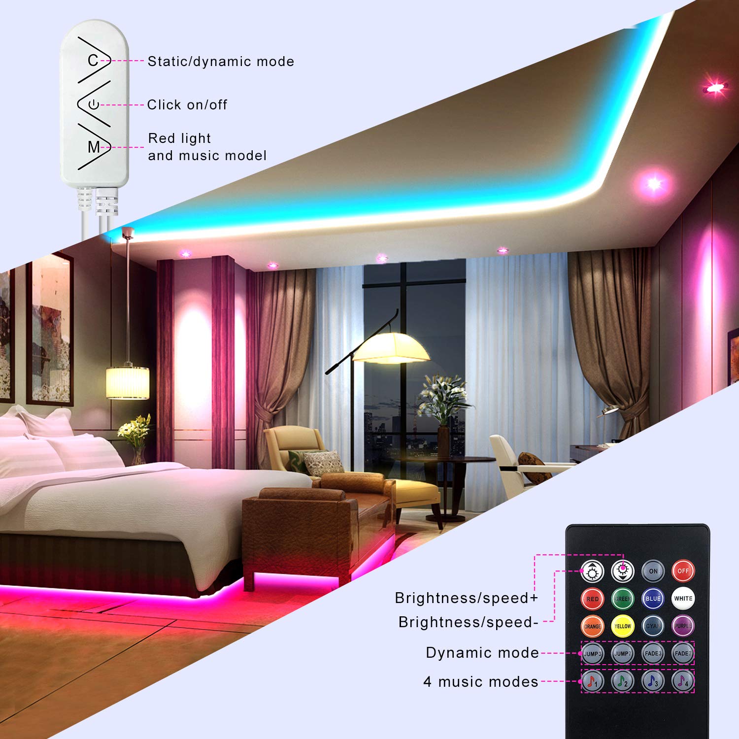 Micomlan 50ft/15M Led Strip Lights,Music Sync Color Changing RGB LED Strip Lights Built-in Mic, Bluetooth app Controlled LED Lights Rope Lights, 5050 RGB LED Light Strip(APP+Remote+Mic+3 Button)