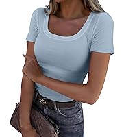 Crop Tops for Women Short Sleeve Square Neck Fit T Shirts 2024 Spring Summer Ribbed Slim Fit Casual Basic Crop Tops