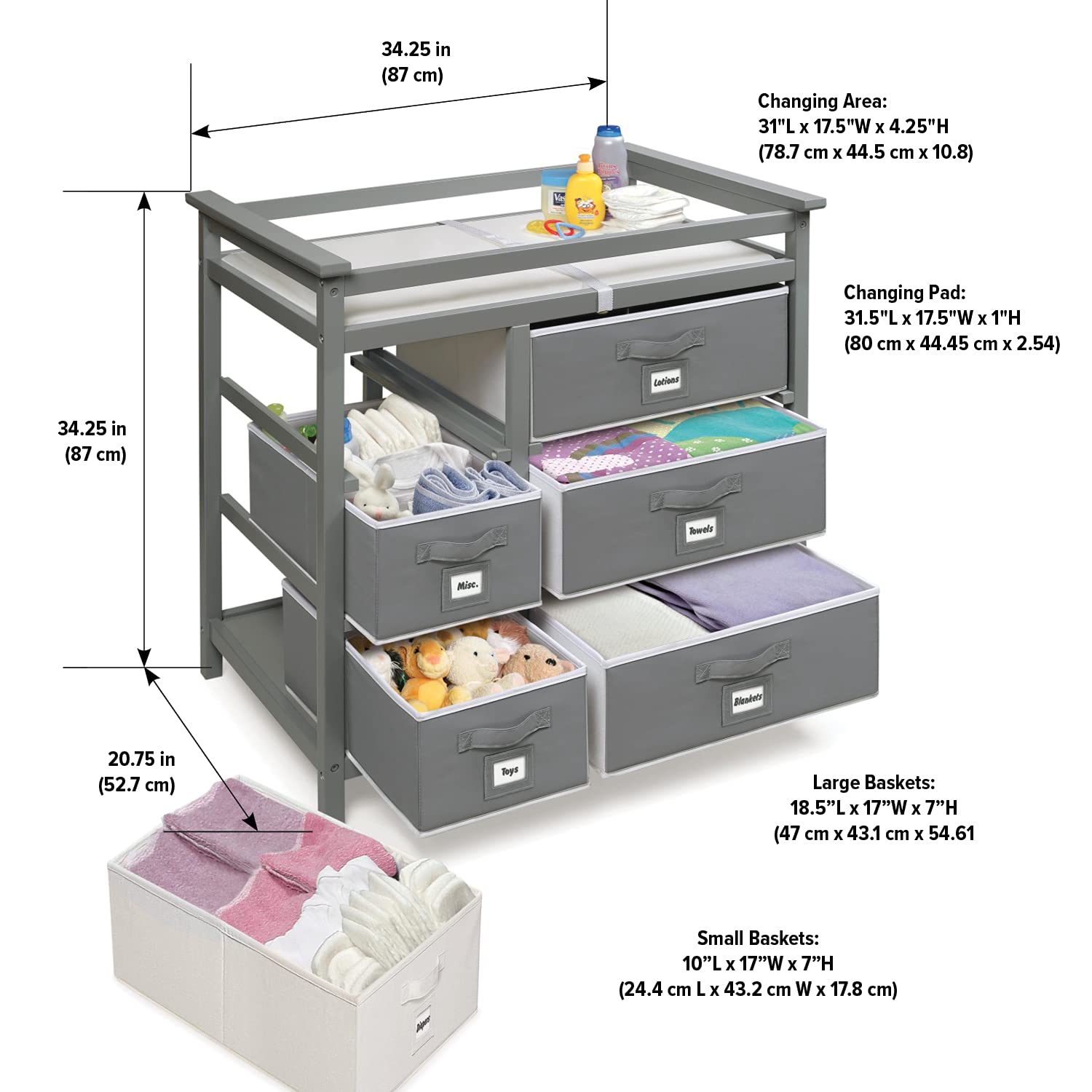 Modern Baby Changing Table with 6 Storage Baskets and Pad