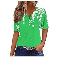 Short Sleeve Button Up Tops for Women Summer Eyelet Tops Fashion Floral Print Trendy Henley Neck Blouses