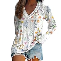 XHRBSI 2023 Clothes Long Sleeved T-Shirt V-Neck Tie Dyed Floral Stripe Print Casual Top