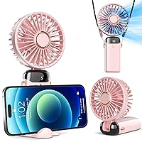 Koonie Portable Handheld Fan, Battery Operated Fan with Base, 8 Hours, Digital Display, 5 Speeds, 90° Ajustable, Rechargeable Mini Fan for Outdoor Indoor Pink