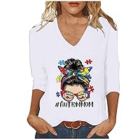 Autism Mom Shirts for Women 3/4 Sleeve V Neck Casual Tops Autism Awareness Support Gifts Summer Tees Pullover