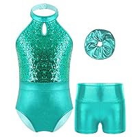 FEESHOW Girls Kids Sequined Metallic Halter Neck Ballet Dance Leotard Gymnastics Tracksuit Ballerina Dancewear