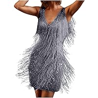 Women Sexy Fringe Dress Cocktail Dress 20s All-Over Sequin Tassel Mini Dress Sleeveless Dress Club Prom Party Dress