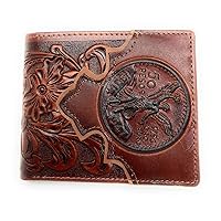 Western Men's Cowboy Leather Floral Tooled Laser Cut Multi Emblem Short Wallet in Multi Colors (50 Pesos (Brown/Tan))