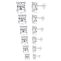 Tornito 6 Pairs 20G Stainless Steel Stud Earrings Square Cubic Zirconia Earring Set For Men Women 3MM-8MM Silver Tone