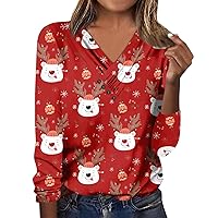 Women's Long Sleeve Tops Fall V Neck Blouses Loose Fit Button Christmas Day Prints Casual Tees Clothes, S-3XL