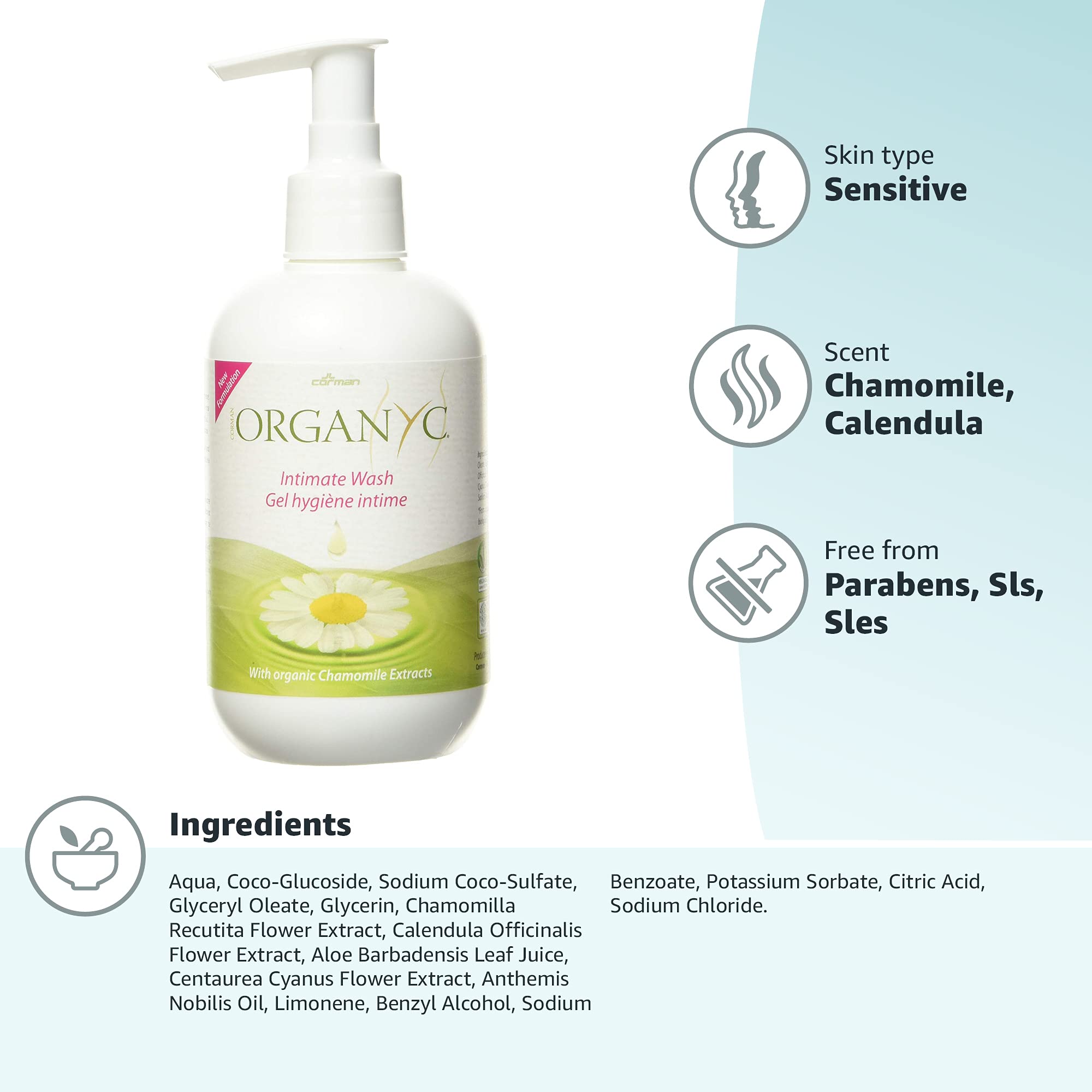 Organyc - Feminine Intimate Wash for Sensitive Skin - Free from Chlorine, Parabens, SLSSLES, and Synthetic Perfumes - 8.5 Fl Oz
