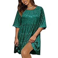 Sequin Babydoll Mini Dress,Sparkly Glitter Dress Short Flowy Tiered Tunic Dress for Women Party Club Night Out