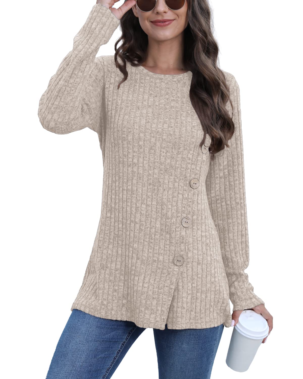 JomeDesign Long Sleeve Shirts for Women Crew Neck Lightweight Sweater Loose Casual Tunic Tops