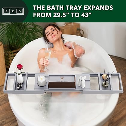 ROYAL CRAFT WOOD Luxury Bathtub Caddy Tray, 1 or 2 Person Bath and Bed Tray, Bath Tub Table Caddy with Extending Sides, Adjustable Organizer Tray for Bathroom - Free Soap Dish (Gray)