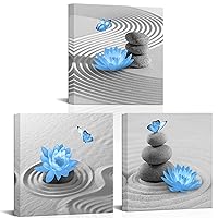 Zlove 3 Pieces Zen Canvas Wall Art Zen Stones Lotus Flower Blue and Grey Picture Artwork for Meditation Rooms Yoga Spa Room