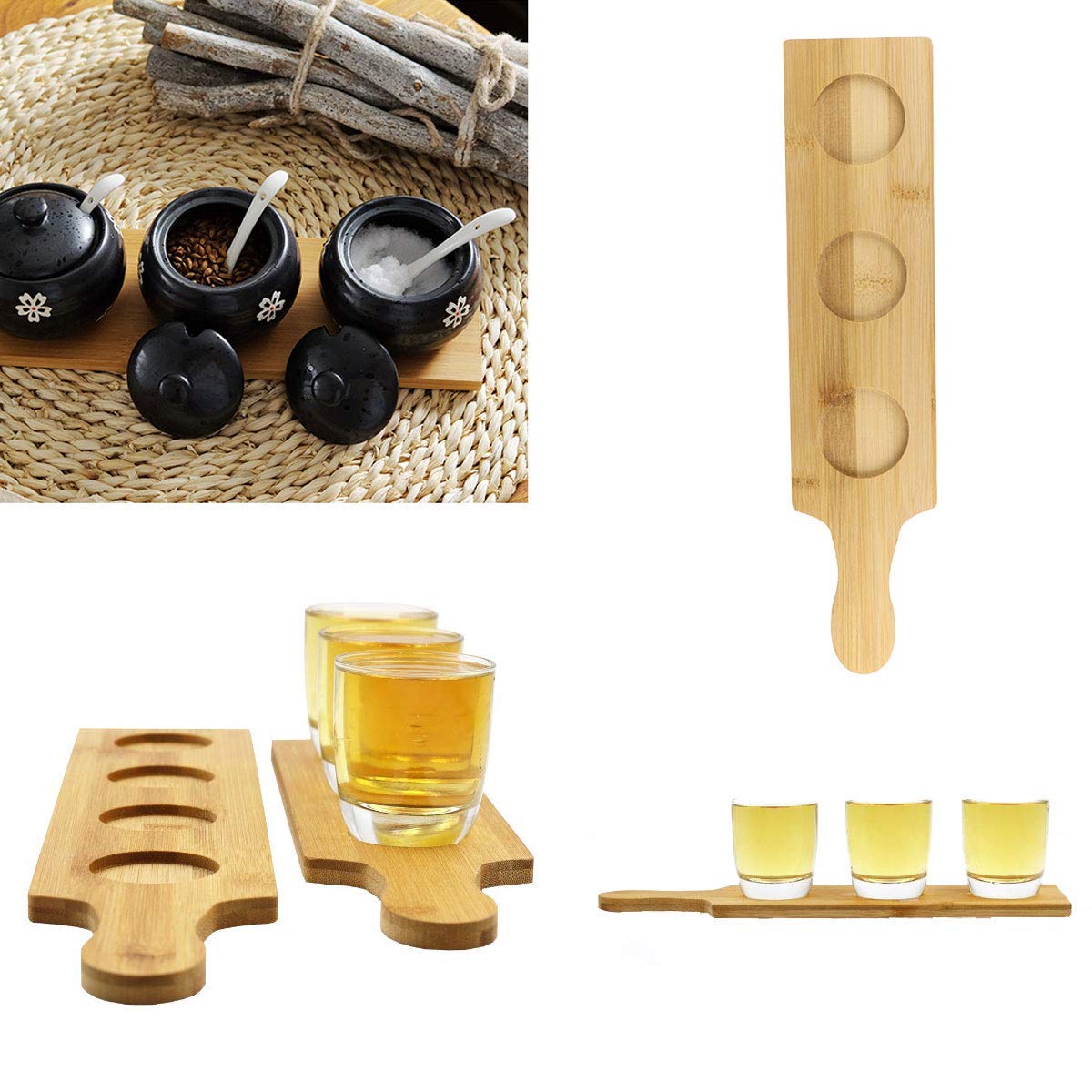 HinLot 3 Slots Bamboo Wine Serving Display Rack Flight Paddle Board for Wine Glass Jars (1)