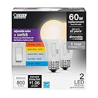 A19 LED Light Bulb, 60W Equivalent, Dimmable, Color Selectable 6-Way, E26 Medium Base, 90 CRI, 800 Lumens, 22-Year Lifetime, OM60DM/6WYCA/2, 2-Pack