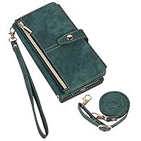 Wallet Case Compatible with Samsung Galaxy Note 20, Crossbody Strap 9 Card Slots Zipper Flip Folio Phone Case with Wrist Strap Kickstand (Green)