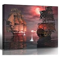BLINFEIRU Pirate Ship Print - Sailboat in the Sea Decor Wall Art Caribbean Ghost Ferry Huge Panel Canvas Art for Home Decor Seascape Pictures for Home Decoration 30