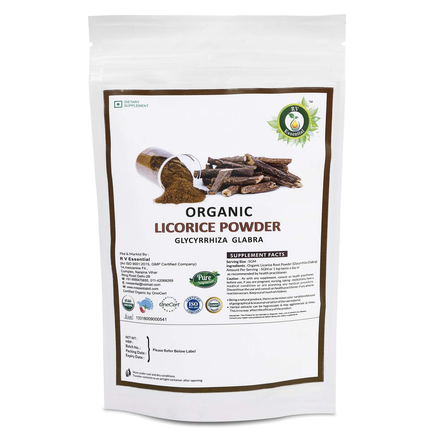R V Essential Organic Licorice Powder 200gm/ 7.05oz/ 0.44lb Glycyrrhiza Glabra Licorice Root Powder Mulethi Powder Yastimadu Powder Liquorice Powder USDA Organic Certified Supplement in Zip Lock Pouch