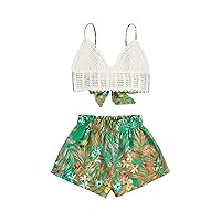 Verdusa Women's 2 Piece Outfit Floral Print Tie Back Crochet Cami Top and Shorts Sets