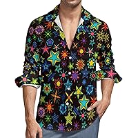 Kaleidoscope Stars Men's Button Down T Shirts Long Sleeve Casual Hawaiian Shirt Pocket Print Top