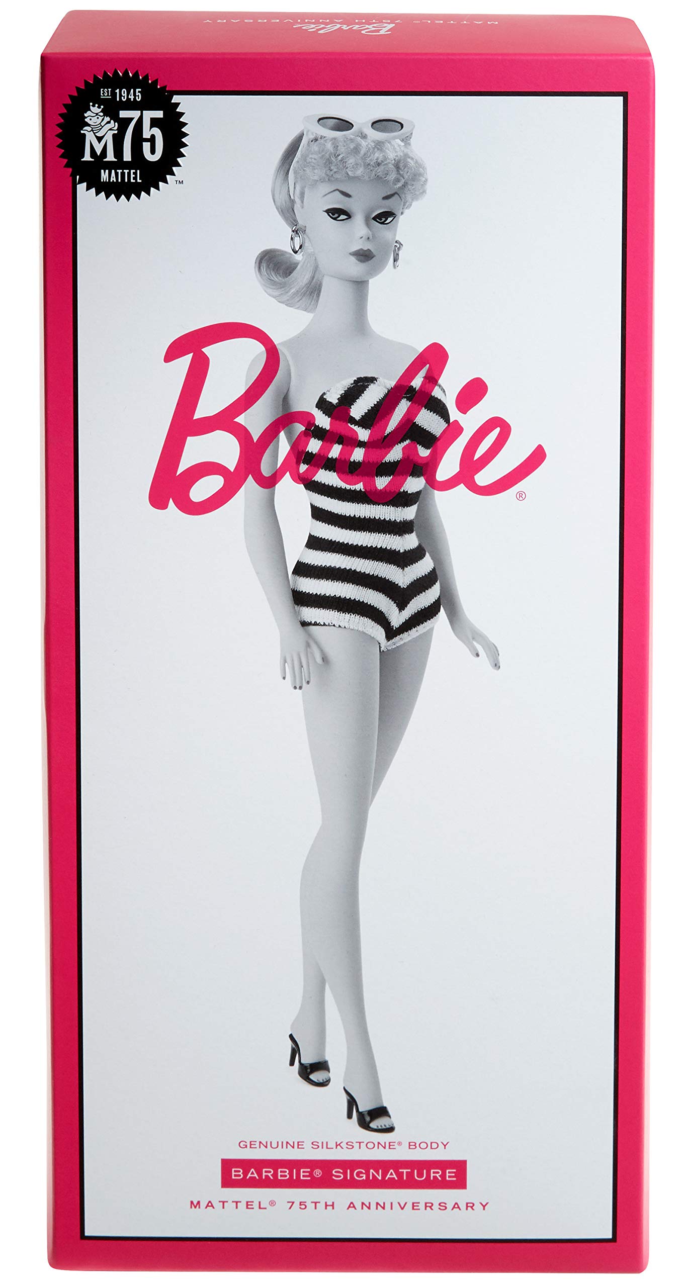 Barbie Signature Mattel 75th Anniversary Doll, Original 1959 Doll Reproduction in Black and White Swimsuit, with Wrist Tag, Gift for Collectors, Multi