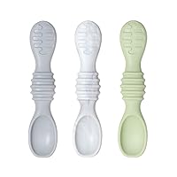 Bumkins Baby Utensil Set, Silicone Trainer Spoons for Dipping, Soft Tip, Self-Feeding, Chew, Baby Led Weaning, First Year Training Supplies, Essentials in Learning Eating, 4 Mos, 3-pk Gray and Green