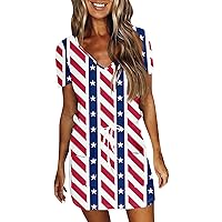 American Flag Dress Women Summer Casual Fashion Independence Day Printed Drawstring V Neck Short Sleeve Dress