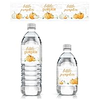 Orange Little Pumpkin Baby Shower Water Bottle Labels - Classic Fall Pumpkin Theme - Waterproof Wrappers - 24 Count