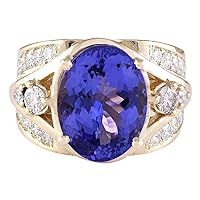 9.39 Carat Natural Blue Tanzanite and Diamond (F-G Color, VS1-VS2 Clarity) 14K Yellow Gold Luxury Cocktail Ring for Women Exclusively Handcrafted in USA