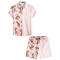 VATPAVE Mens Flamingo Hawaiian Sets Casual Short Sleeve Button Down Shirts Beach Outfits