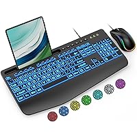 SABLUTE Wired Keyboard and Mouse Combo, Large Print Backlit Keyboard with Wrist Rest and 7-Color Backlit, Lighted Computer Keyboards Easy to See, Light Up USB Keyboard Mouse for PC, Windows, Laptop