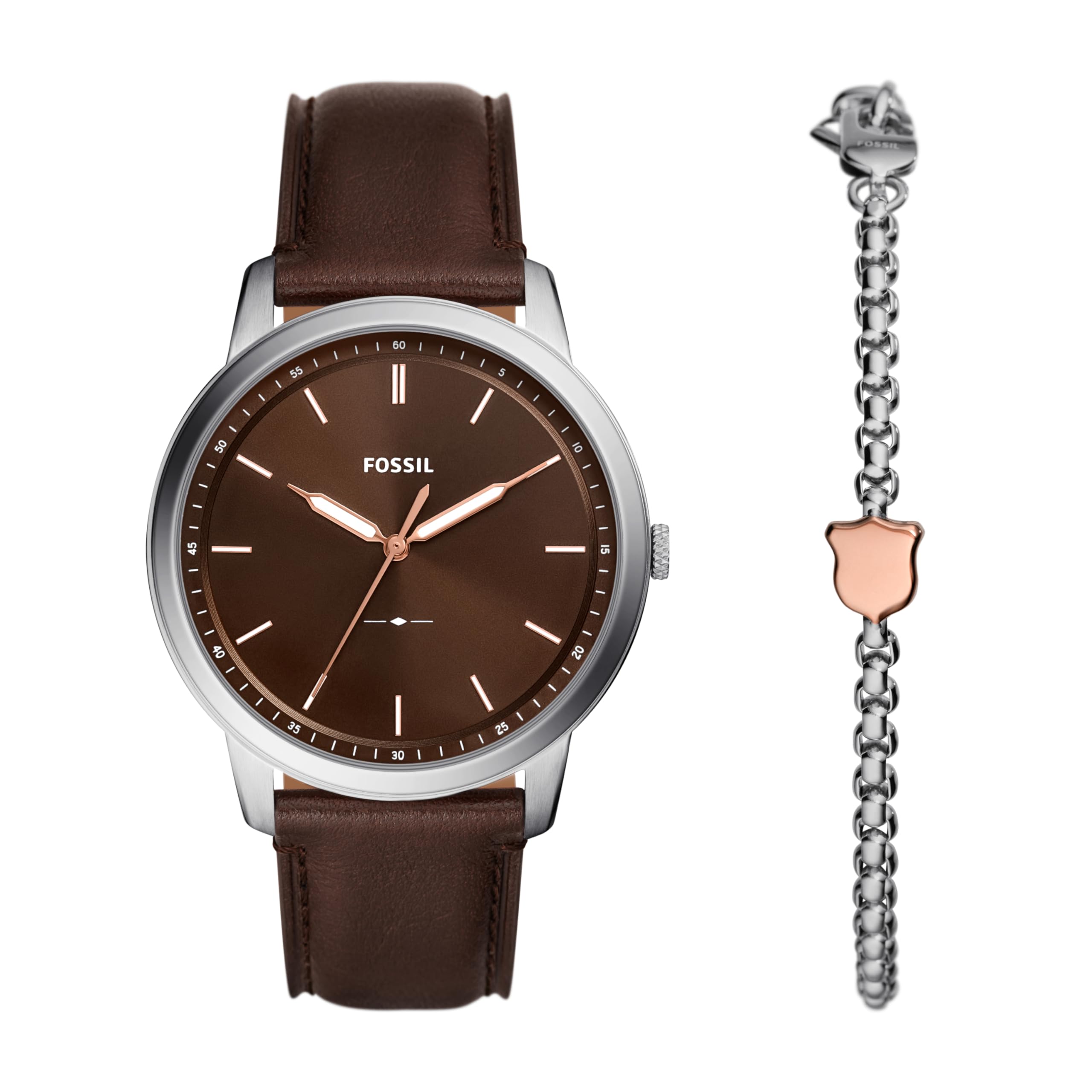 Fossil Men's Minimalist Quartz Stainless Steel Watch and Bracelet Gift Set, Color: Silver/Brown Bracelet Set (Model: FS6019SET)