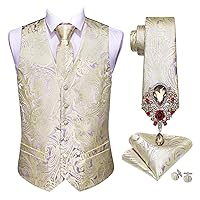 Mens Wedding Suit Vest Classic Orange Jacquard Folral Silk Waistcoat Vests Tie Handkerchief Vest Set