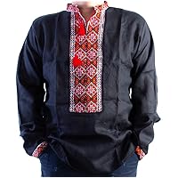 Handmade Black Vyshyvanka Mens Linen Shirt HUTSUL Embroidered M