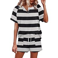 Womens Striped Summer Sets 2 Piece Travel Outfits Short Sleeve Tees and Shorts Sets Soft Lounge Sets Fashion Pjs Sets